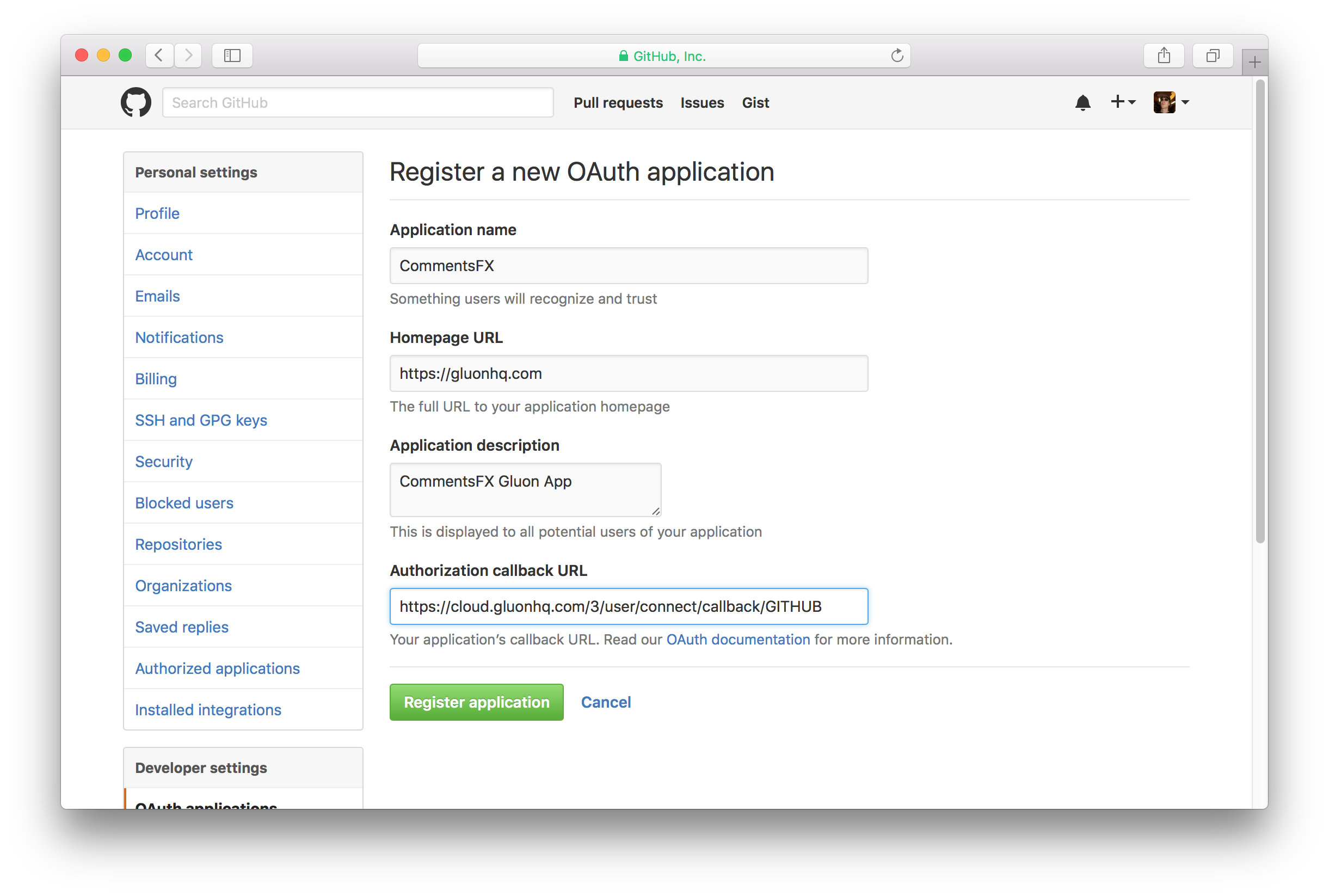 Register a new OAuth application GitHub