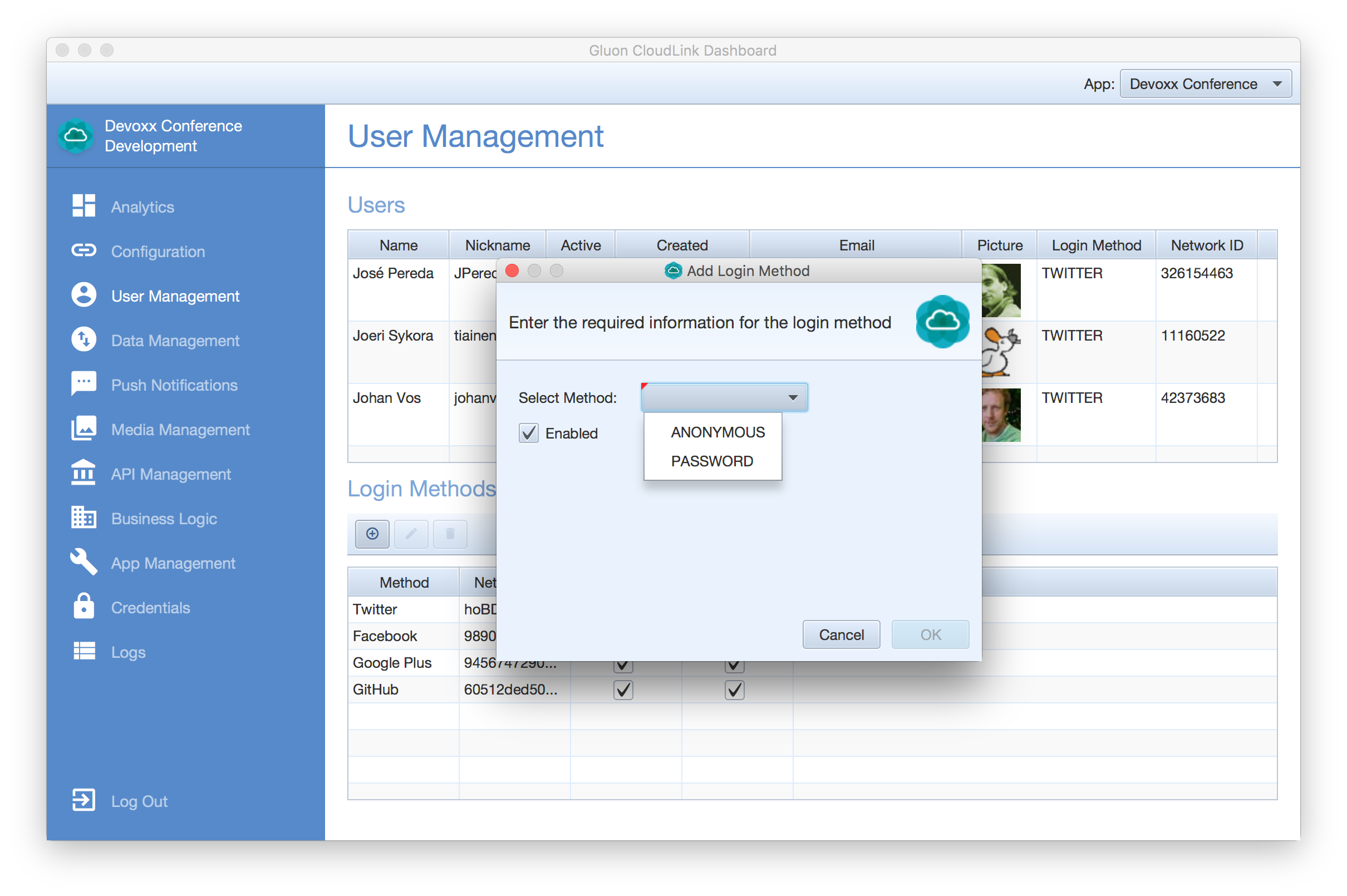 View configured login methods