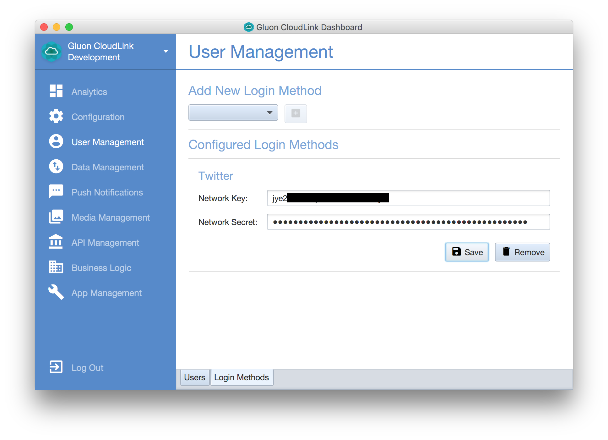 Paste Twitter tokens in Gluon CloudLink Dashboard