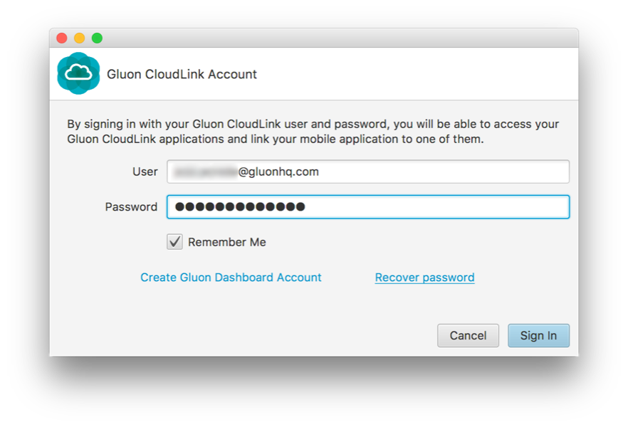 Gluon CloudLink  account sign in
