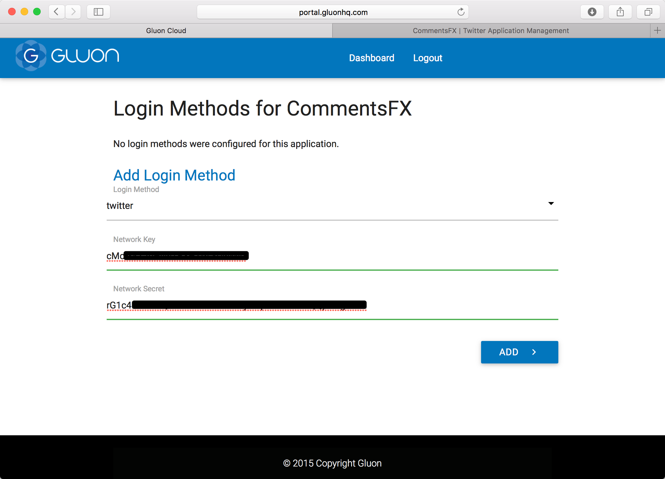 Paste tokens from app in Gluon Portal