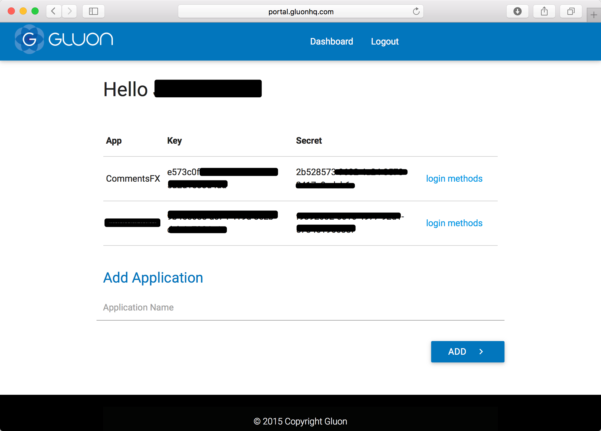 Get the application key and secret tokens