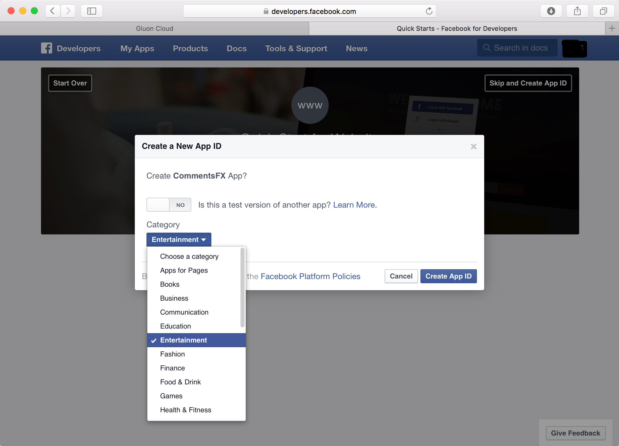 Provide App Category Facebook