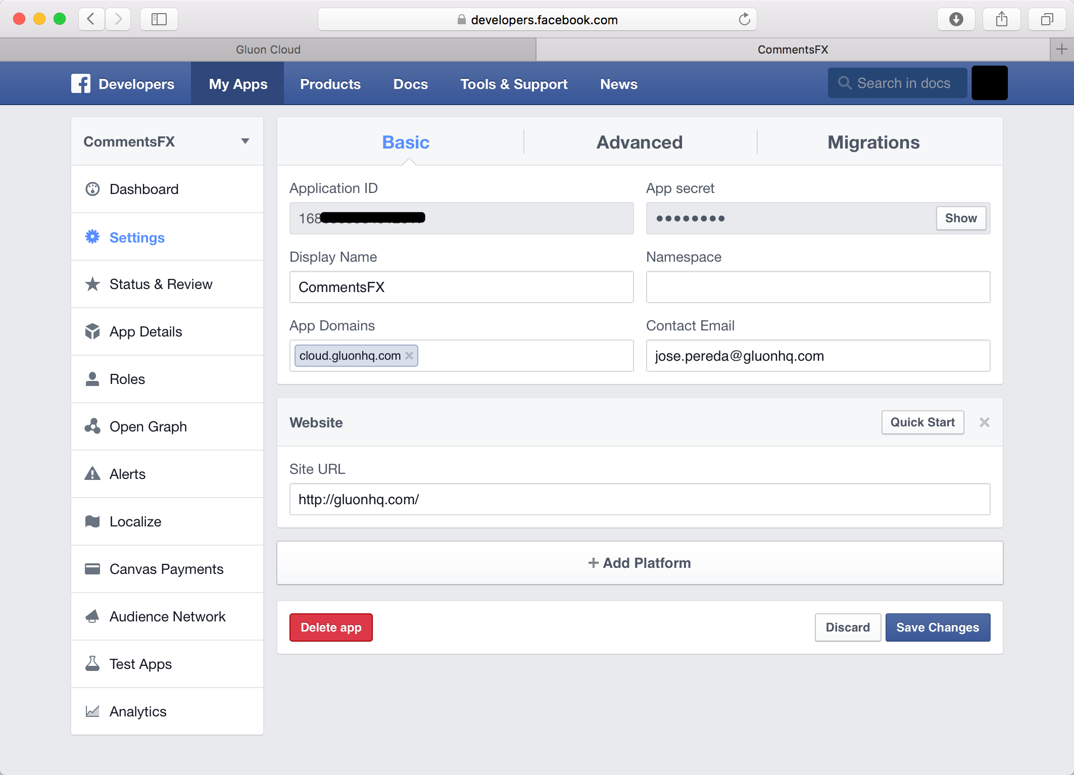 App Settings Facebook