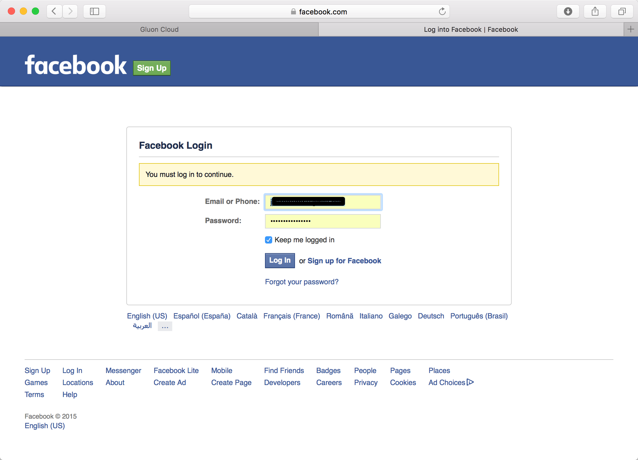 Signing in Facebook