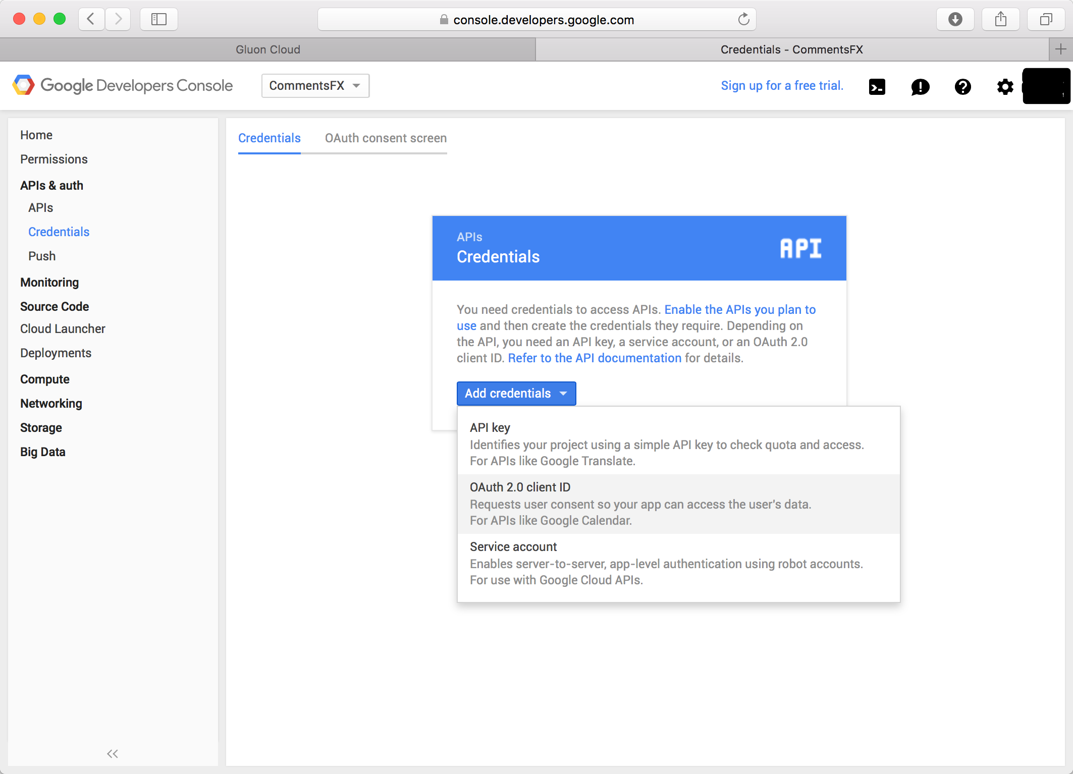 Add Credentials Google