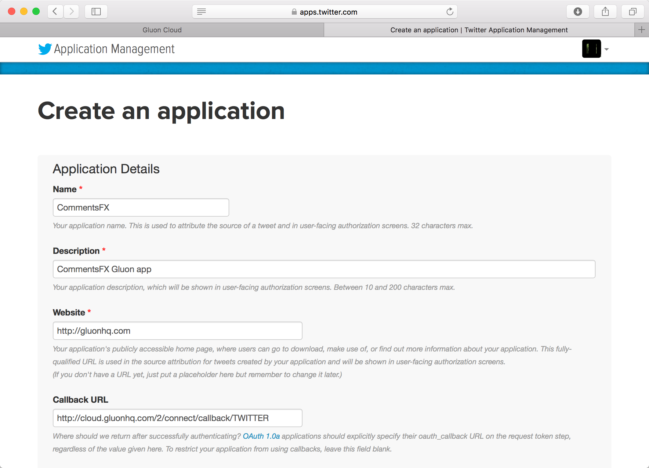 Create app in Twitter Apps
