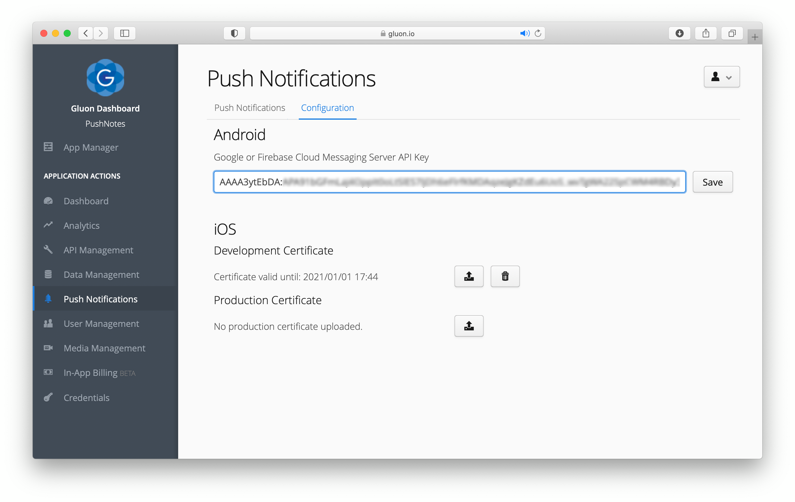 GCM - enter credentials in Gluon Dashboard