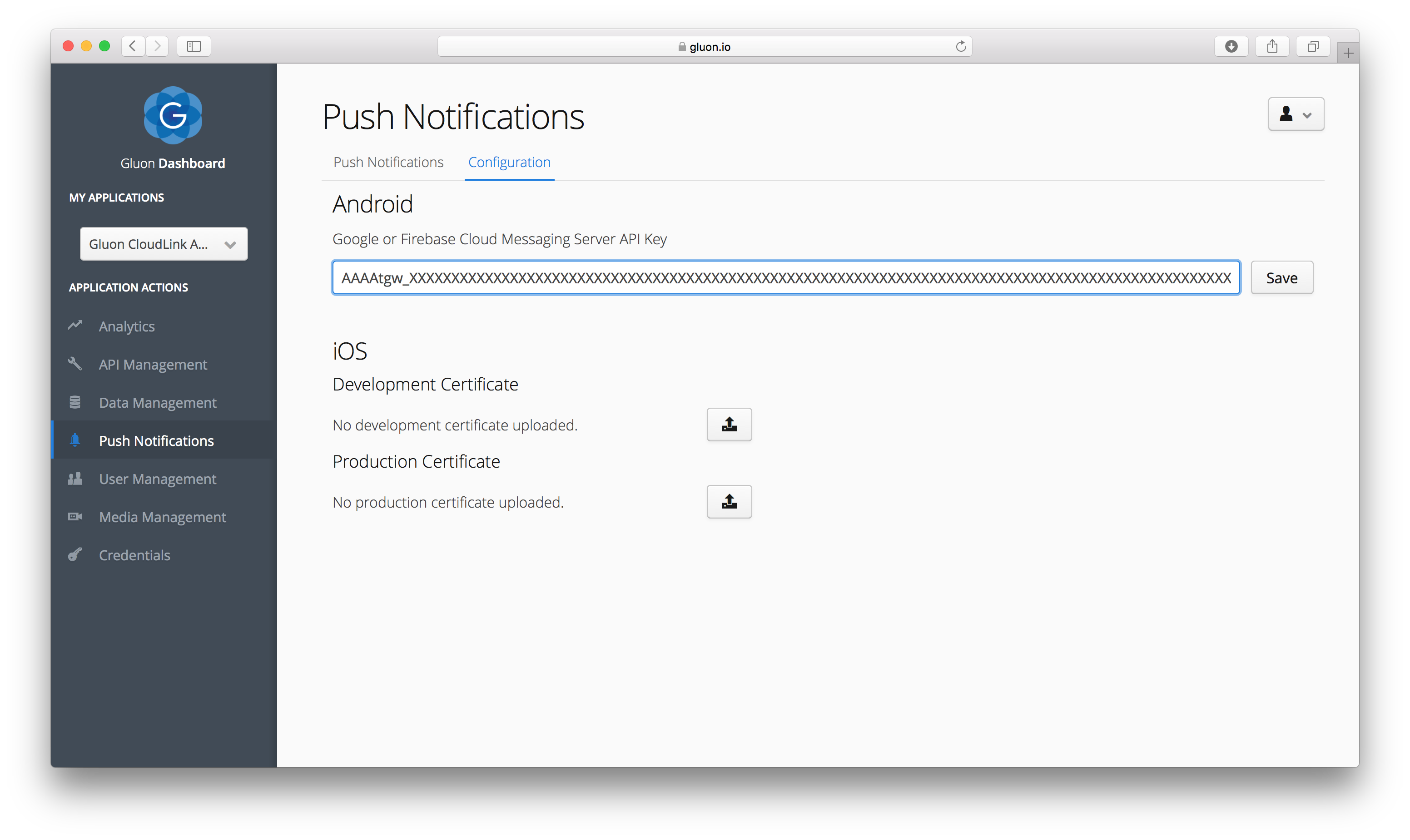 GCM - enter credentials in Gluon Dashboard