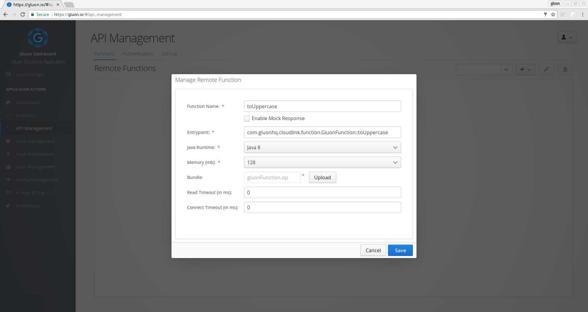 Api Management - remote function gluon function