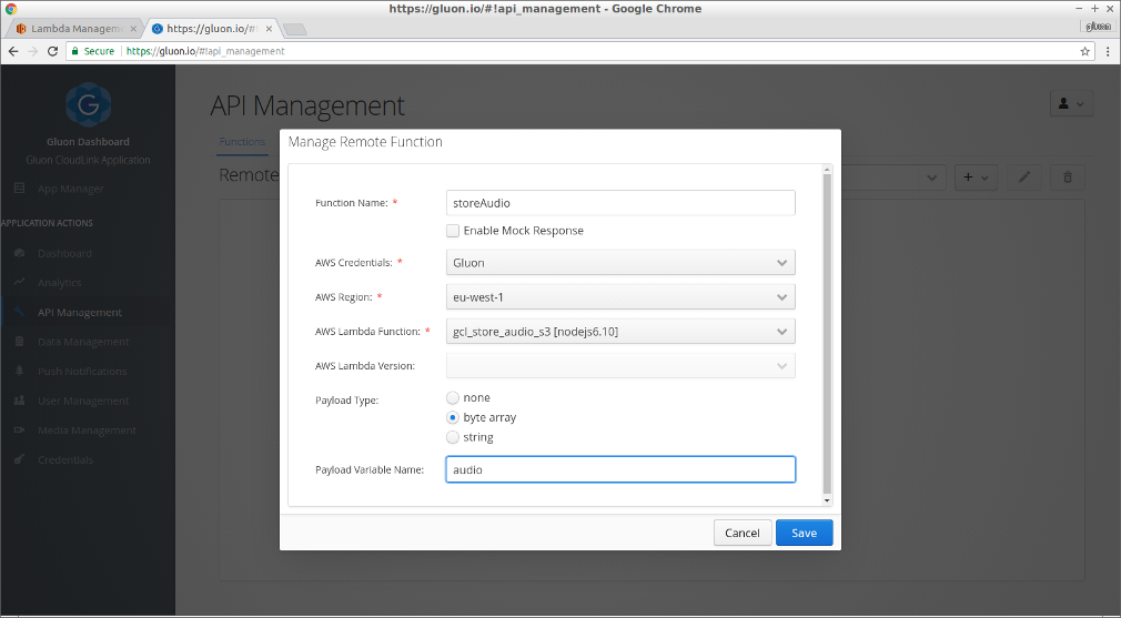 API Management view - Create AWS Lambda function